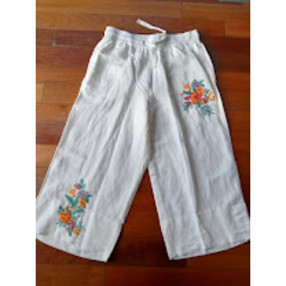 Roamans White w/Multicolor Floral Embroidery Linen Blend Pull On Ankle Pants 18W